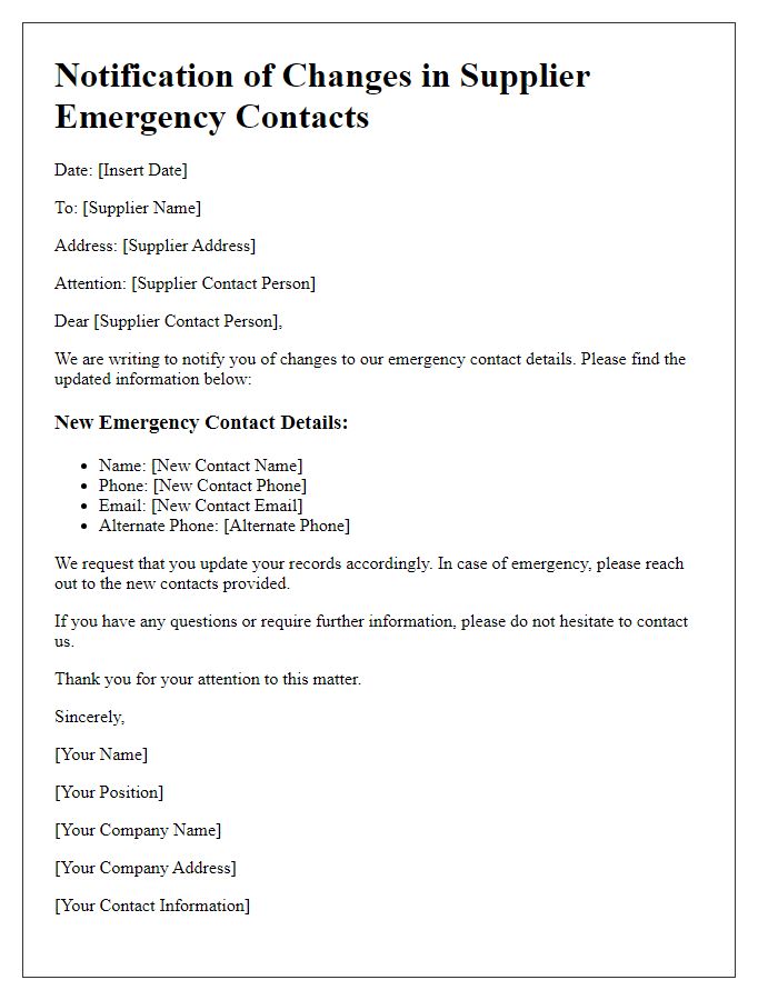 Letter template of Notification for Changes in Supplier Emergency Contacts