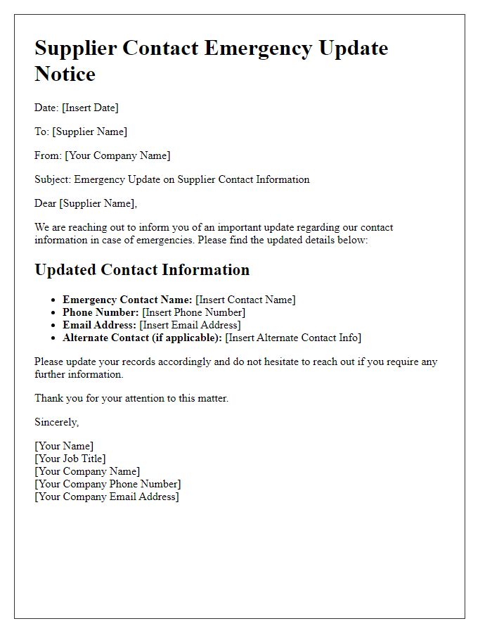 Letter template of Supplier Contact Emergency Update Notice