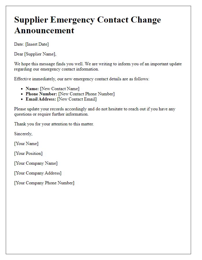 Letter template of Supplier Emergency Contact Change Announcement