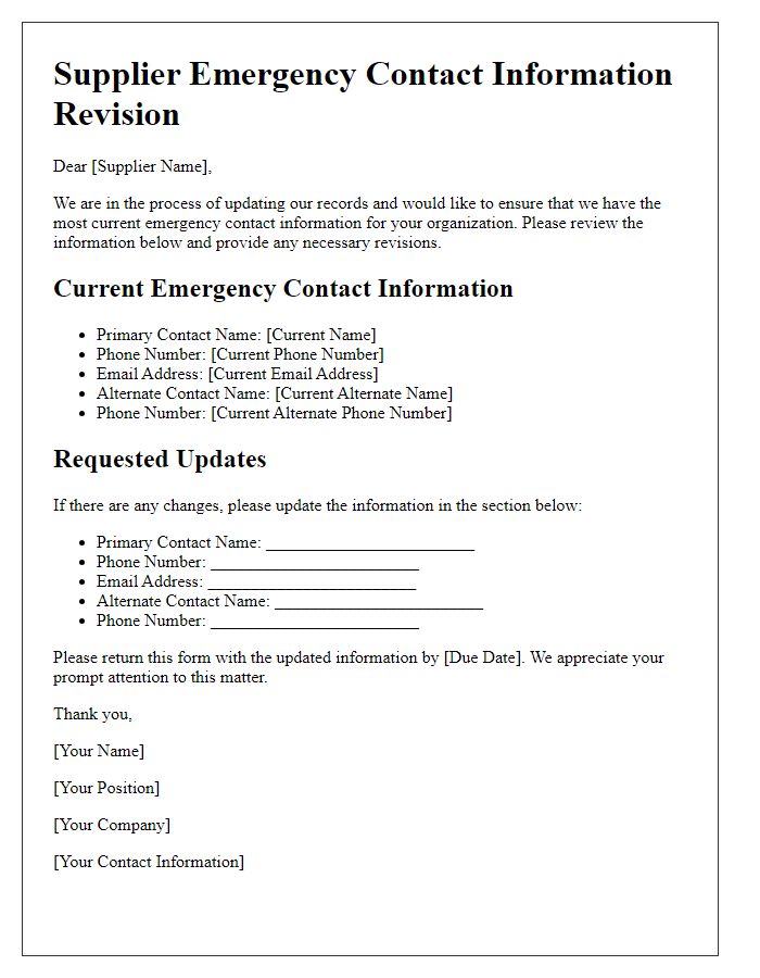 Letter template of Supplier Emergency Contact Information Revision