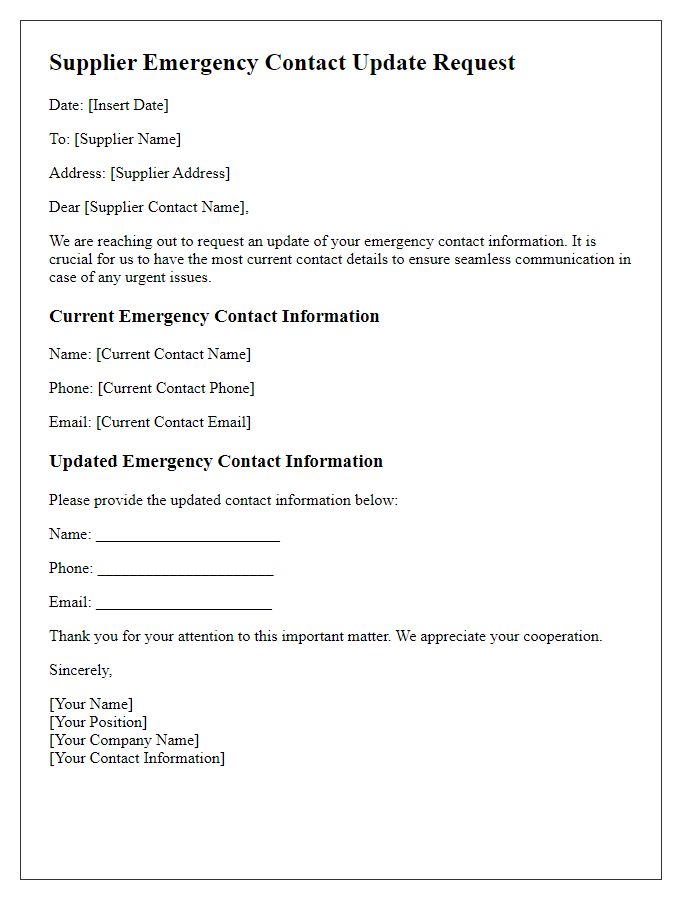 Letter template of Supplier Emergency Contact Update Request