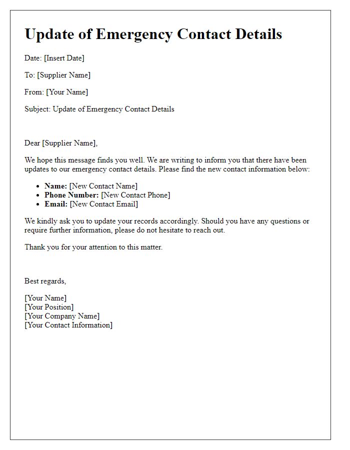 Letter template of Update for Emergency Contact Details of Supplier