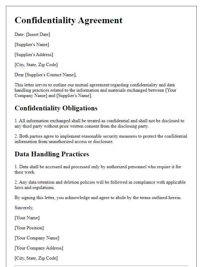 Letter template of supplier confidentiality and data handling practices