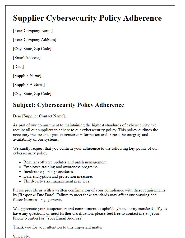 Letter template of supplier cybersecurity policy adherence