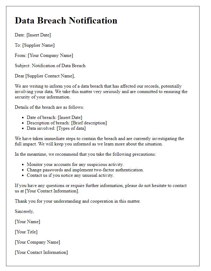 Letter template of supplier data breach notification procedure