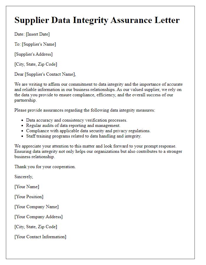 Letter template of supplier data integrity assurance