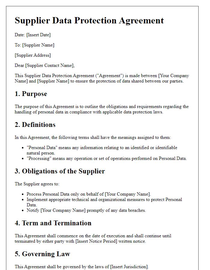 Letter template of supplier data protection agreement