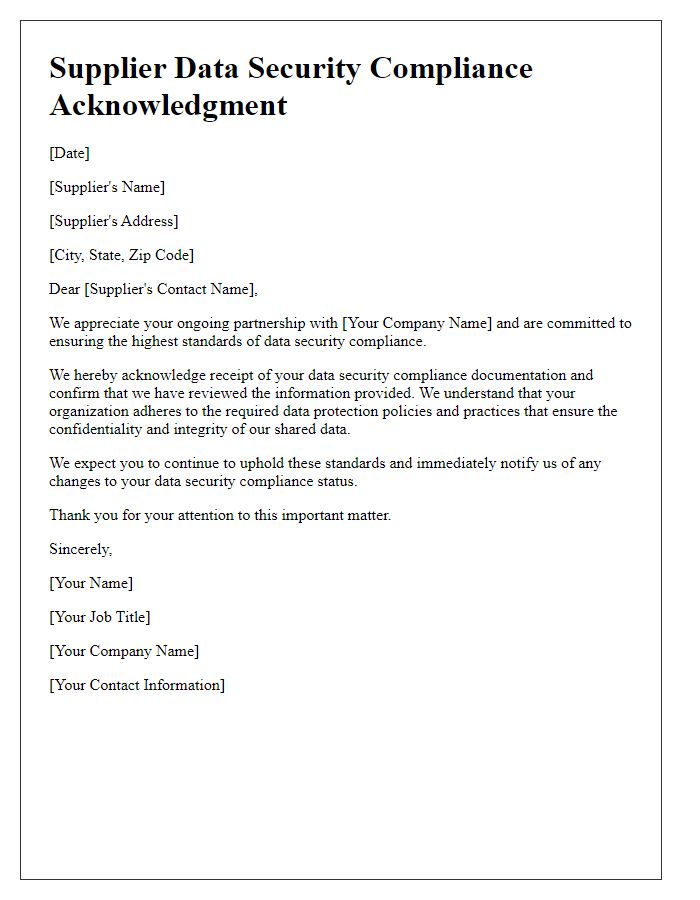 Letter template of supplier data security compliance acknowledgment