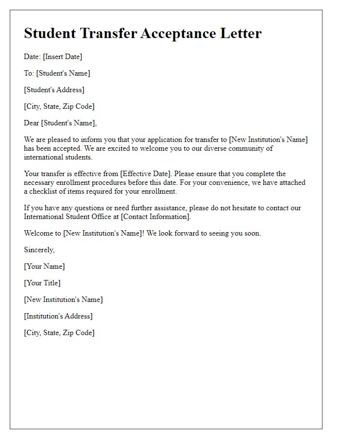 Letter template of student transfer acceptance for international students.