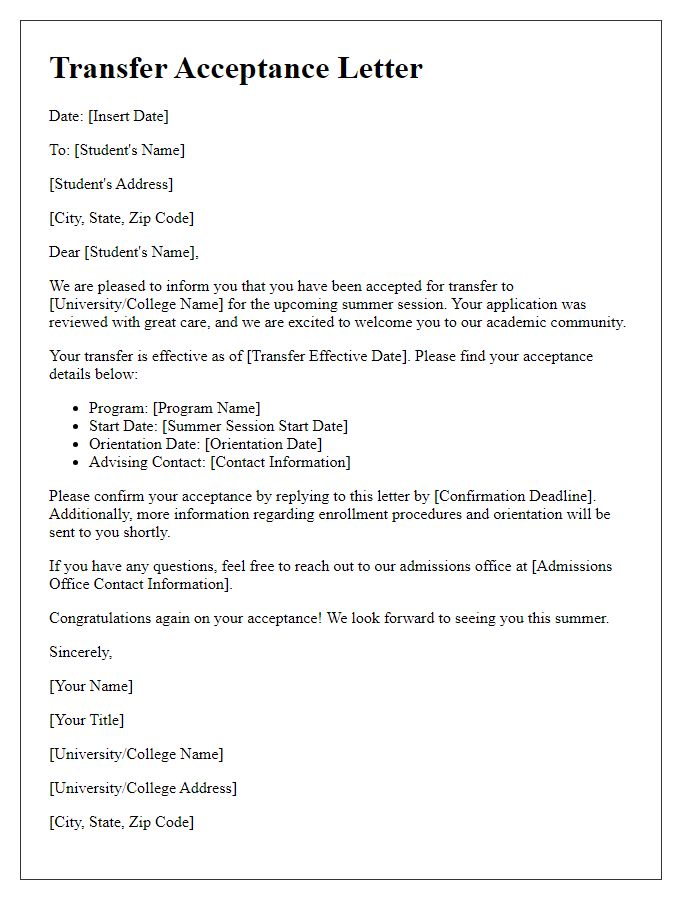 Letter template of student transfer acceptance for summer session admission.