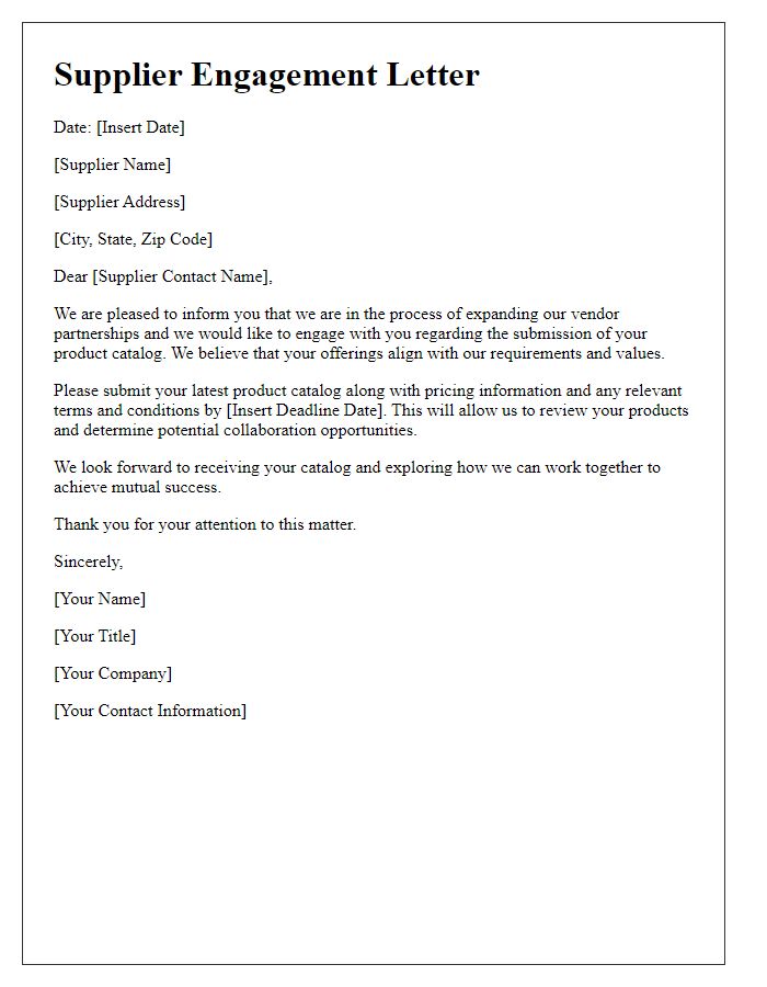 Letter template of engagement for new supplier catalog submission