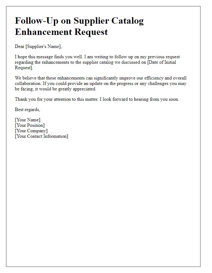 Letter template of follow-up on supplier catalog enhancement request