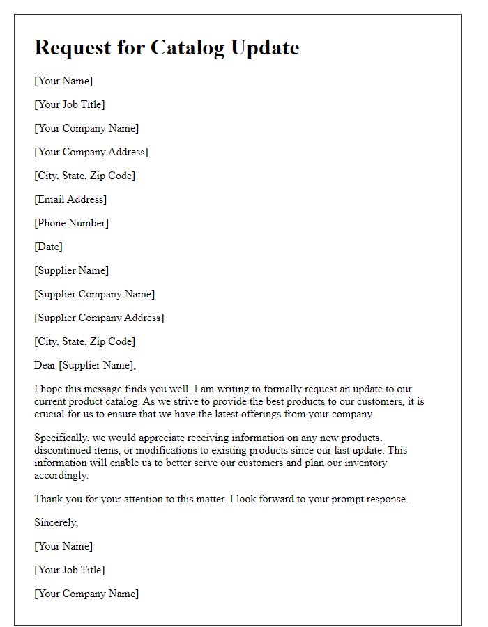 Letter template of formal request for catalog update from supplier