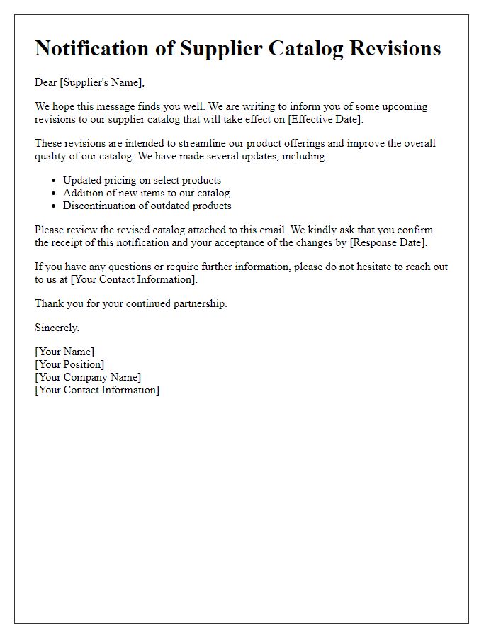 Letter template of notification for supplier catalog revisions