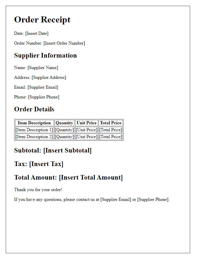 Letter template of order receipt from supplier