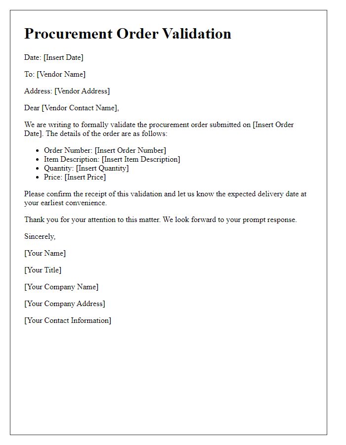 Letter template of procurement order validation