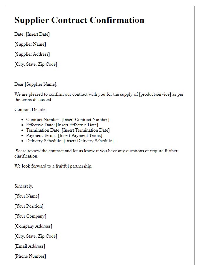 Letter template of supplier contract confirmation