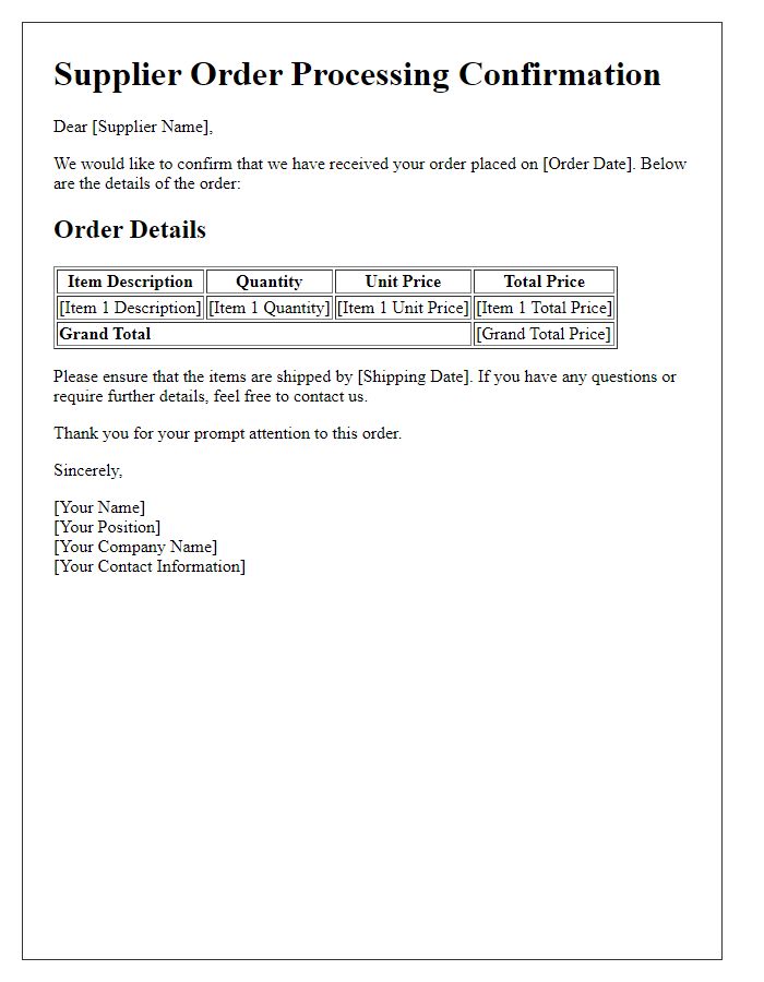 Letter template of supplier order processing confirmation