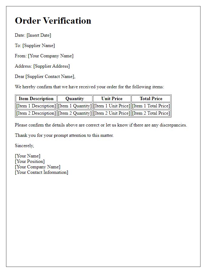 Letter template of supplier order verification