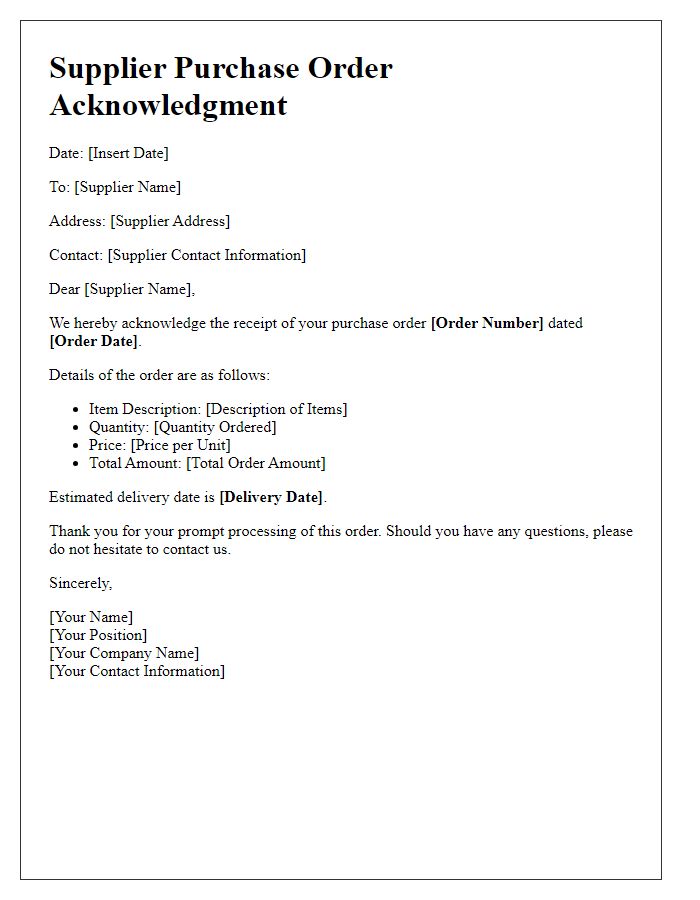 Letter template of supplier purchase order acknowledgment