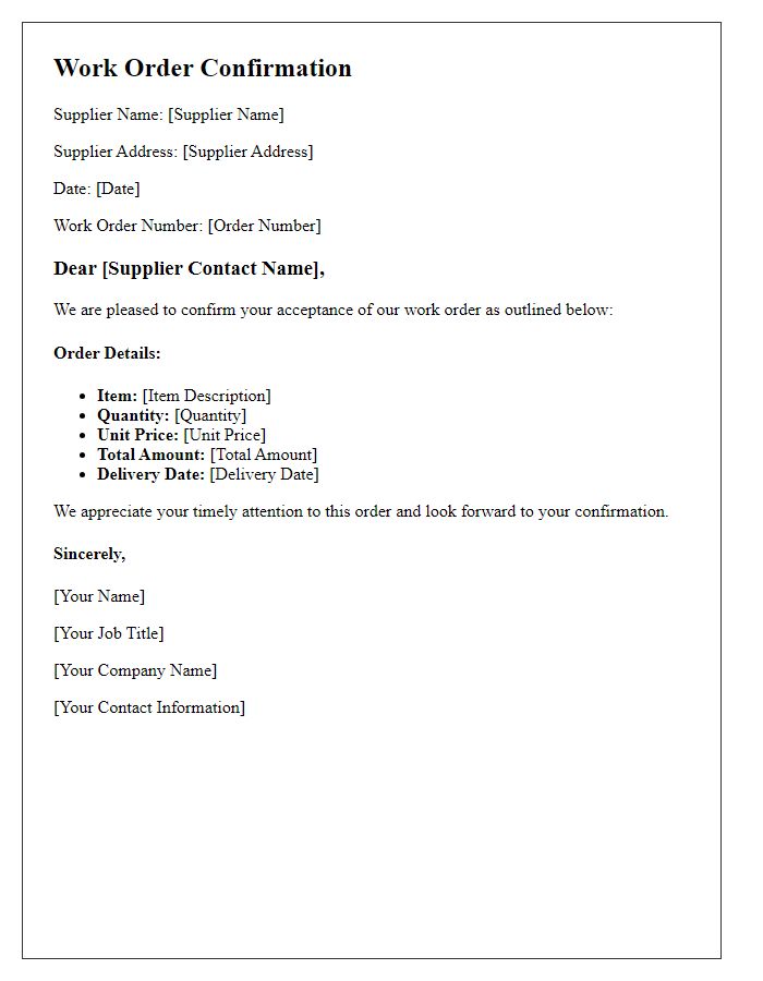 Letter template of supplier work order confirmation