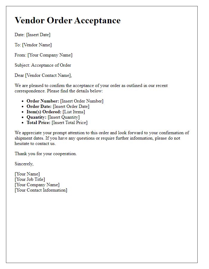 Letter template of vendor order acceptance