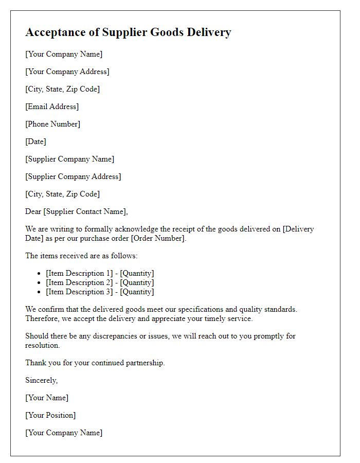 Letter template of Acceptance of Supplier Goods Delivery