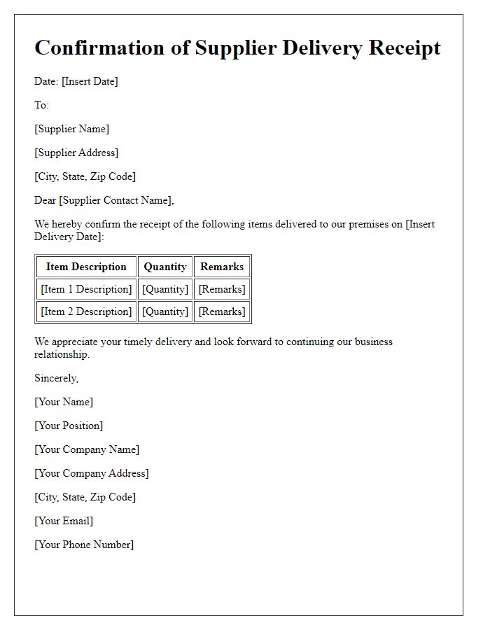 Letter template of Confirmation of Supplier Delivery Receipt