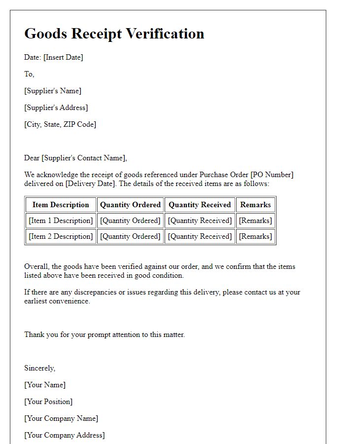 Letter template of Goods Receipt Verification from Supplier