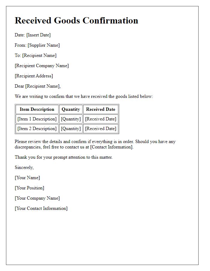 Letter template of Received Goods Confirmation from Supplier