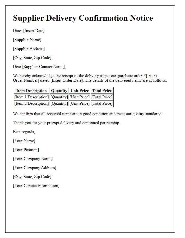 Letter template of Supplier Delivery Confirmation Notice