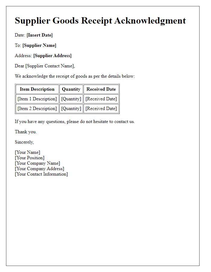 Letter template of Supplier Goods Receipt Acknowledgment