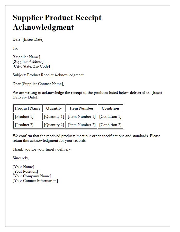 Letter template of Supplier Product Receipt Acknowledgment