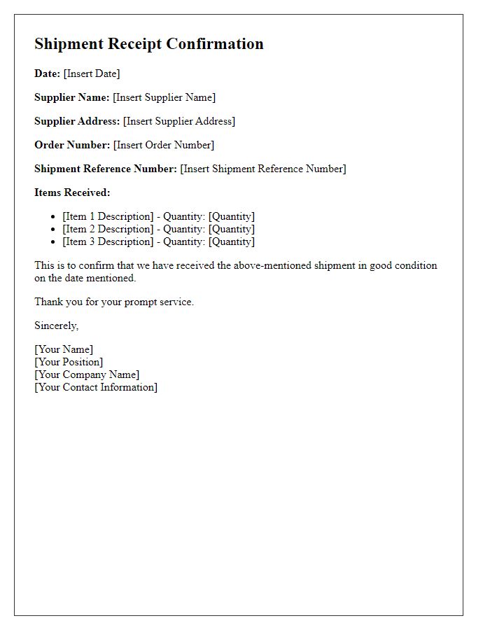 Letter template of Supplier Shipment Receipt Confirmation