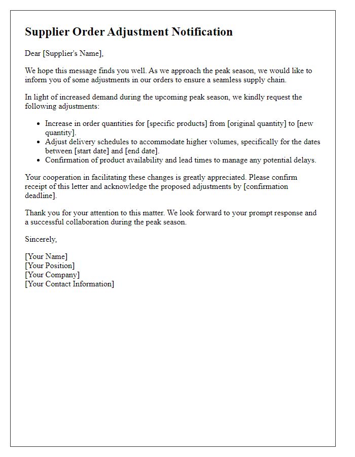 Letter template of adjustments in supplier orders for peak seasons