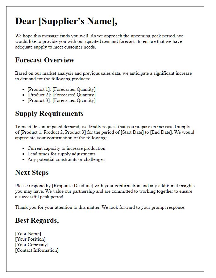 Letter template of demand forecasting updates for suppliers during peak periods