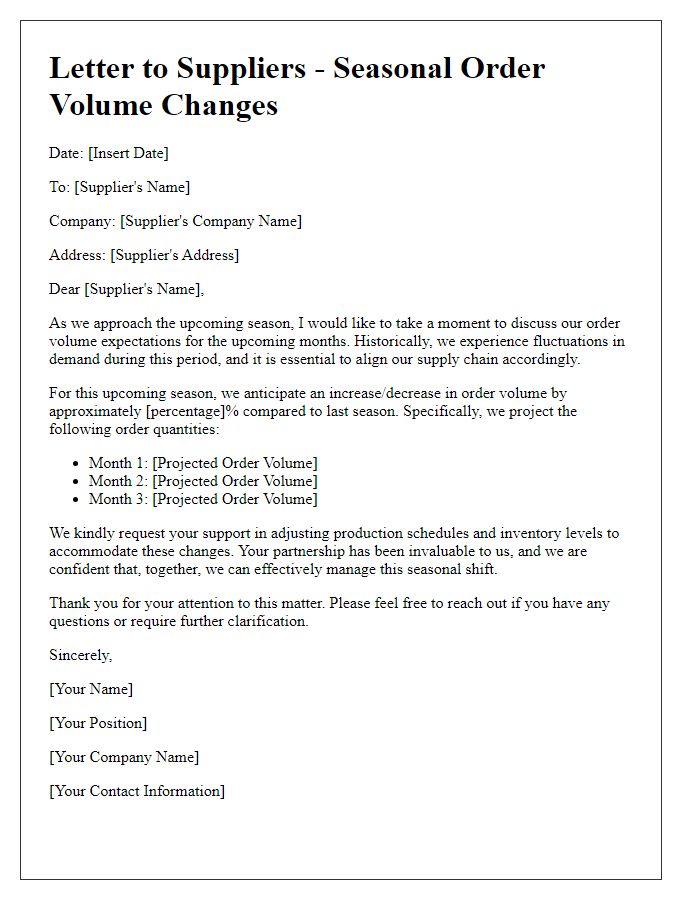 Letter template of seasonal order volume changes for suppliers