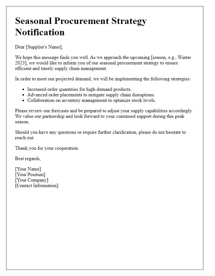 Letter template of seasonal procurement strategy notification to suppliers