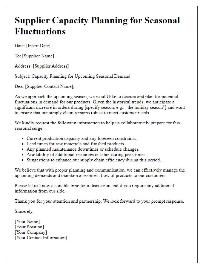 Letter template of supplier capacity planning for seasonal fluctuations