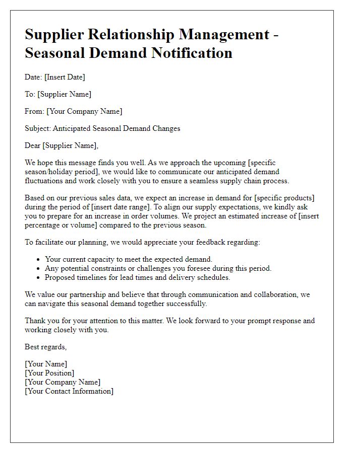 Letter template of supplier relationship management for seasonal demands