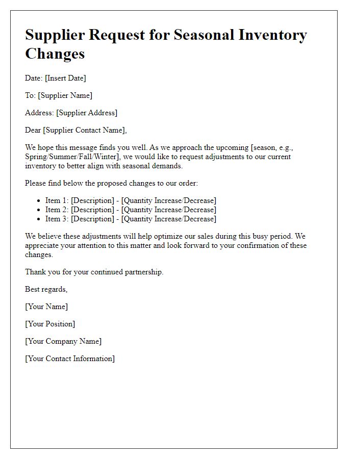 Letter template of supplier request for seasonal inventory changes