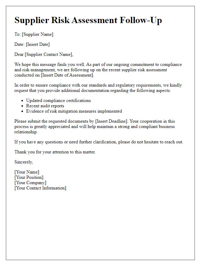 Letter template of supplier risk assessment follow-up for compliance verification.