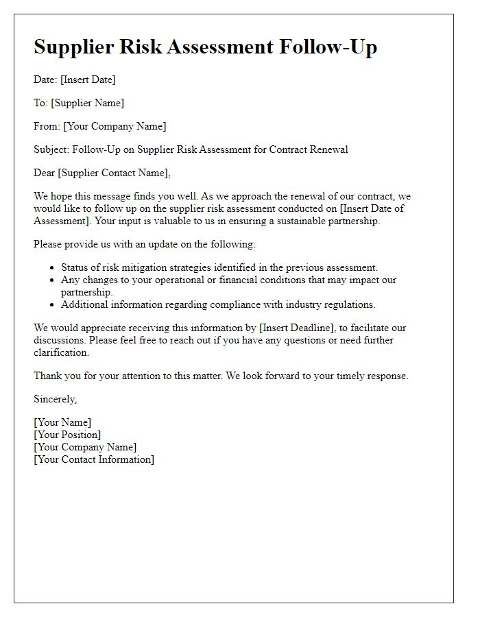 Letter template of supplier risk assessment follow-up for contract renewal discussions.