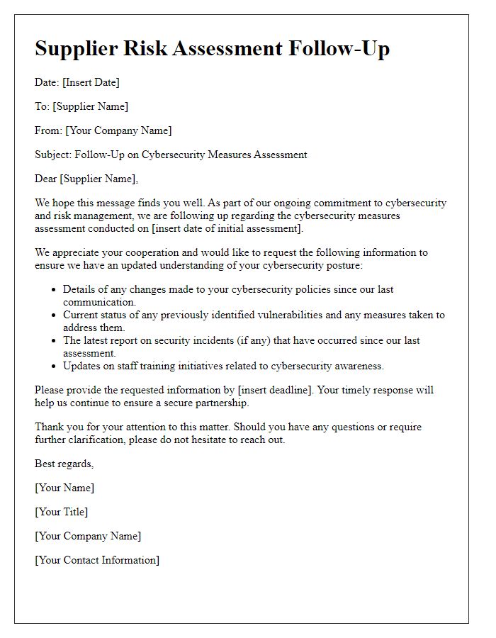 Letter template of supplier risk assessment follow-up for cybersecurity measures assessment.