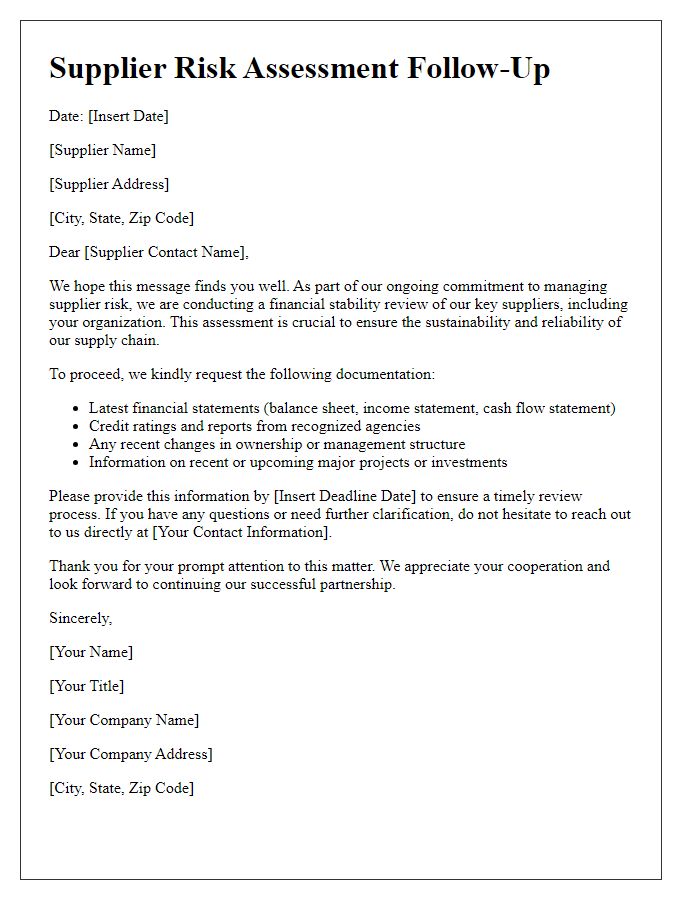 Letter template of supplier risk assessment follow-up for financial stability review.