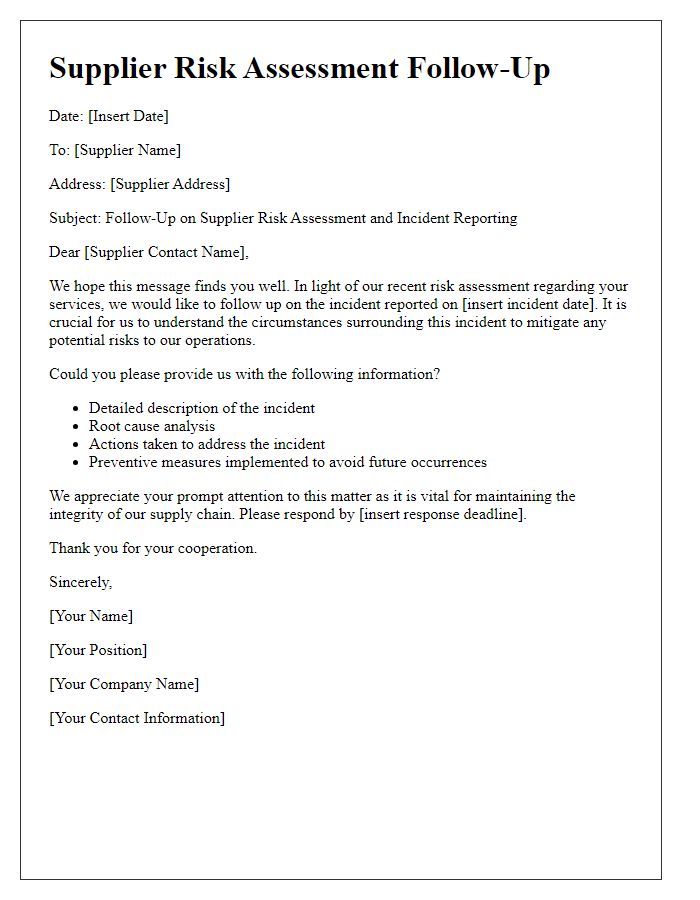 Letter template of supplier risk assessment follow-up for incident reporting.