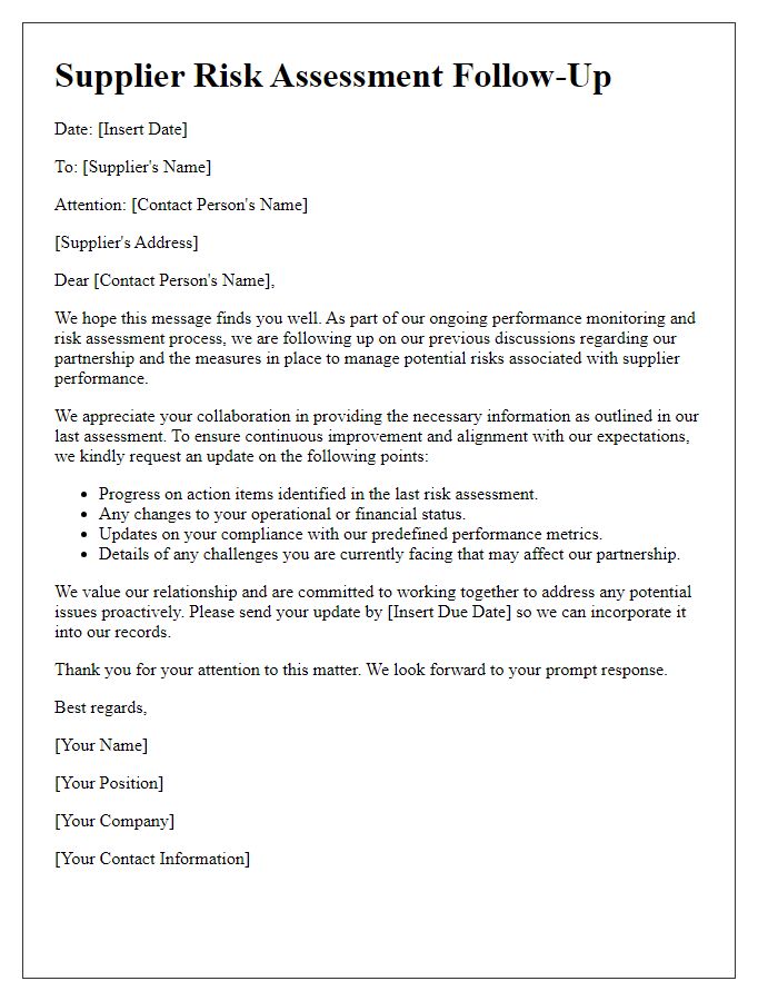 Letter template of supplier risk assessment follow-up for performance monitoring.