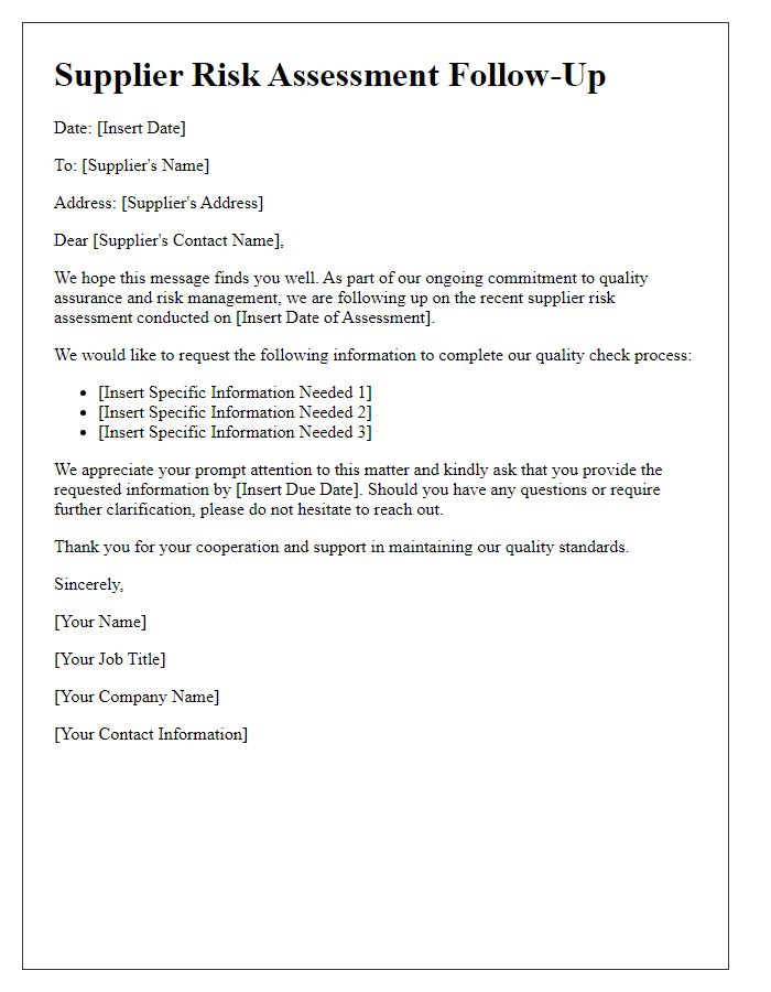 Letter template of supplier risk assessment follow-up for quality check.