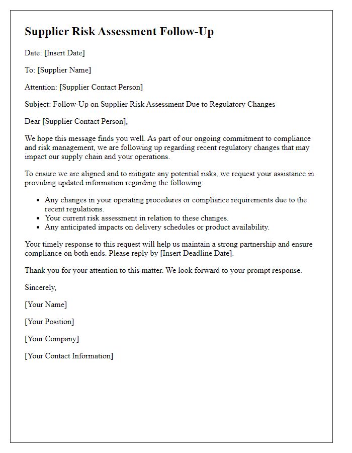 Letter template of supplier risk assessment follow-up for regulatory changes impact.