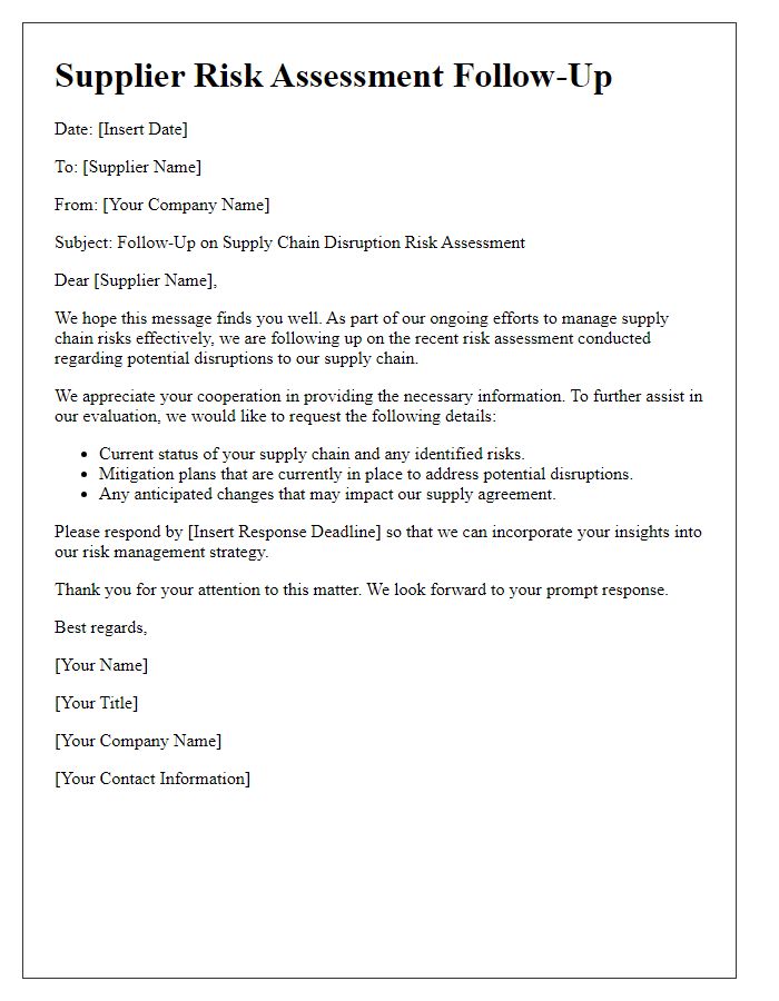 Letter template of supplier risk assessment follow-up for supply chain disruptions.